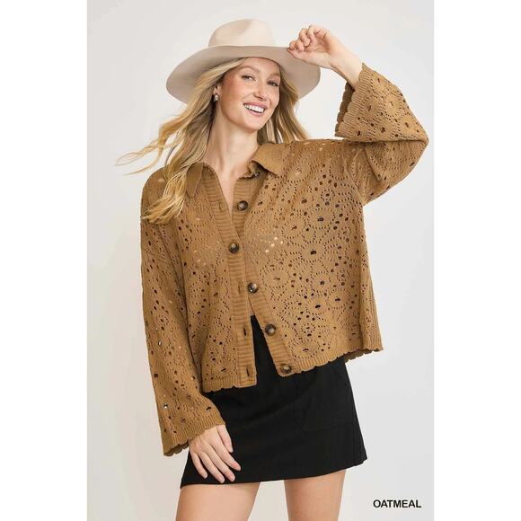 Umgee Crochet Button Down Long Sleeves Oversized Casual Knit Cardigan | Oatmeal - Picture 3 of 6